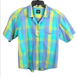 Dockers Striped Blouse Plaid Pastel Button Front Short Sleeve Front Pocket Large